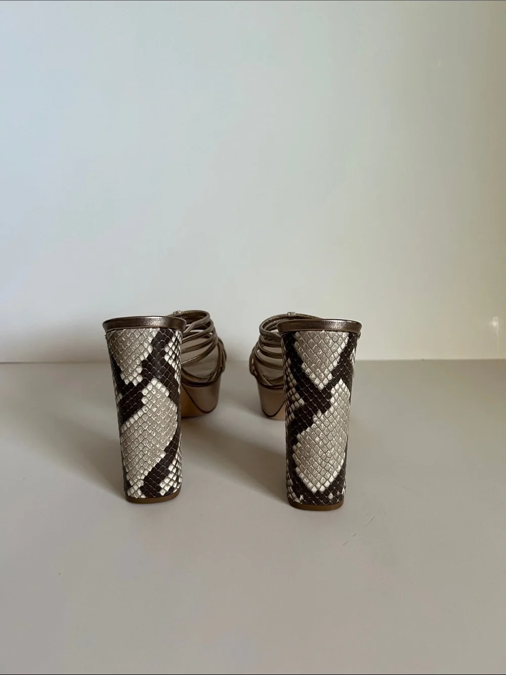 Metallic Gold Strappy Platform Heels with Snake-Print Block Heel